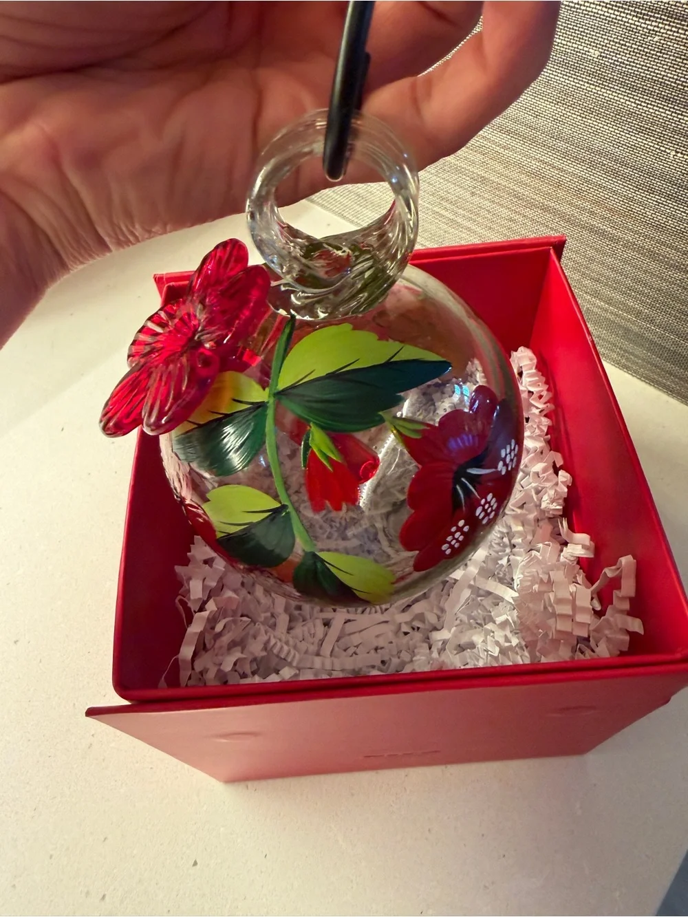 Brand new Hand Blown Glass Ornament/Hummingbird Feeder with Red Floral Accent - Picture 3 of 5